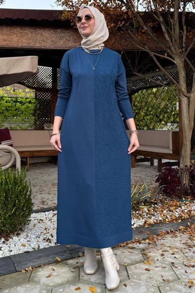 Zebra Desen Triko Elbise İndigo - Resim 4