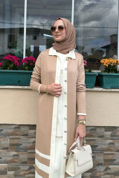 İmge Çizgili Triko Hırka Bej - 8