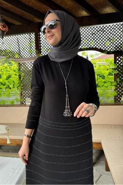 Nisan Simli Triko Elbise Siyah - Resim 4