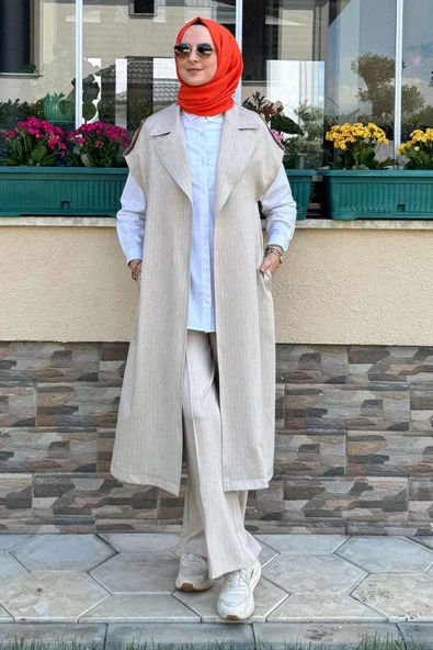 Apoletli Çizgili Takım Bej - 2