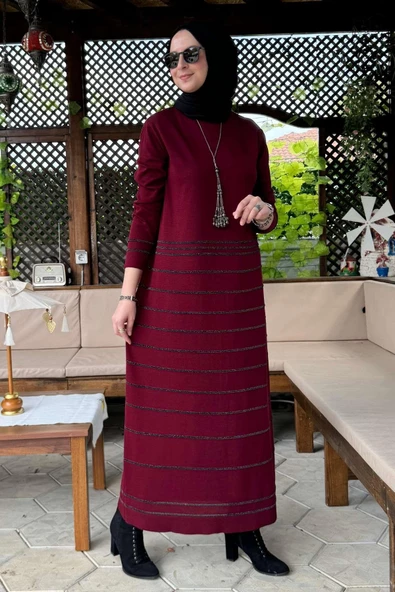 Nisan Simli Triko Elbise Bordo