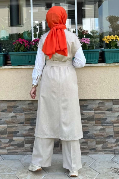 Apoletli Çizgili Takım Bej - 9