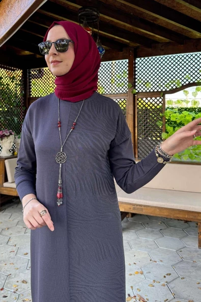 Zebra Desen Triko Elbise Antrasit - 3