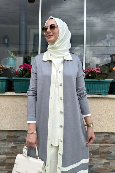 İmge Çizgili Triko Hırka Gri - 8