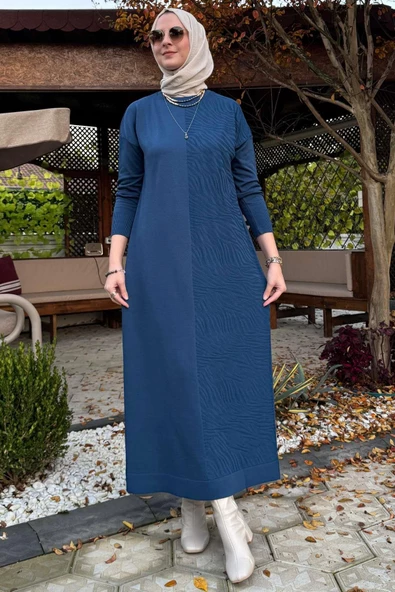 Zebra Desen Triko Elbise İndigo - Resim 2