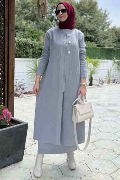 Sinem Çelik Örme Triko Hırka Gri - 7