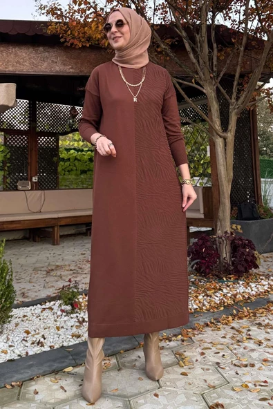 Zebra Desen Triko Elbise Kahve ürün görseli 1