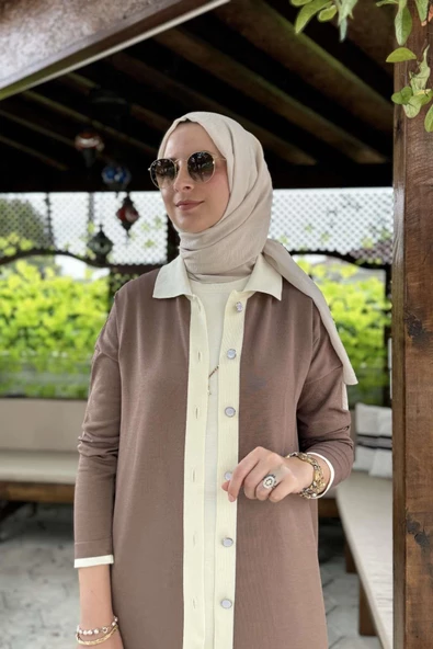 İmge Çizgili Triko Hırka Sütlü Kahve - 2