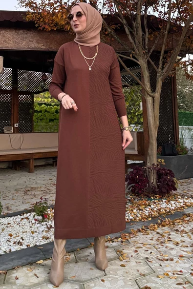 Zebra Desen Triko Elbise Kahve - Resim 9