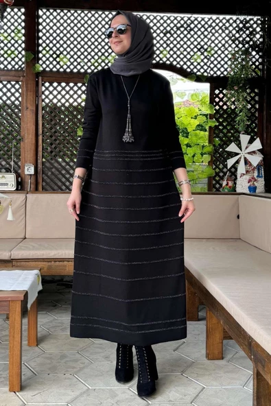 Nisan Simli Triko Elbise Siyah - Resim 6