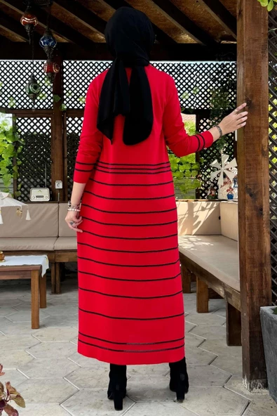 Nisan Simli Triko Elbise Kırmızı - 7