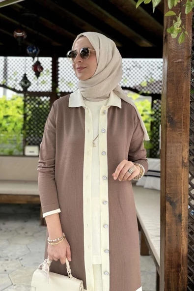 İmge Çizgili Triko Hırka Sütlü Kahve - 4