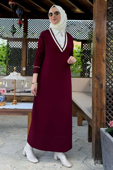 Eylül Gömlekli Triko Elbise Bordo - 2