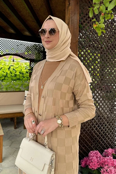 Dama Desenli Bej Triko Hırka - Resim 9