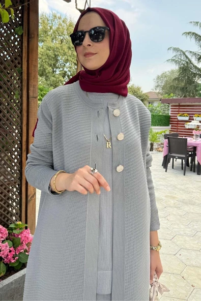 Sinem Çelik Örme Triko Hırka Gri - 3