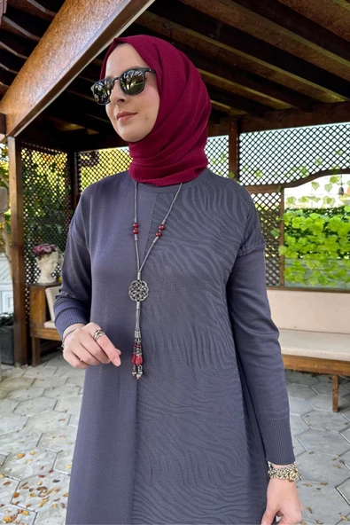 Zebra Desen Triko Elbise Antrasit - 4