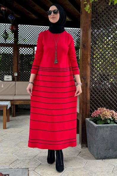 Nisan Simli Triko Elbise Kırmızı - 5