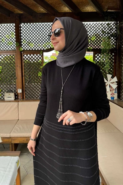 Nisan Simli Triko Elbise Siyah - Resim 9