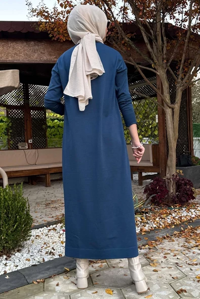 Zebra Desen Triko Elbise İndigo - Resim 5