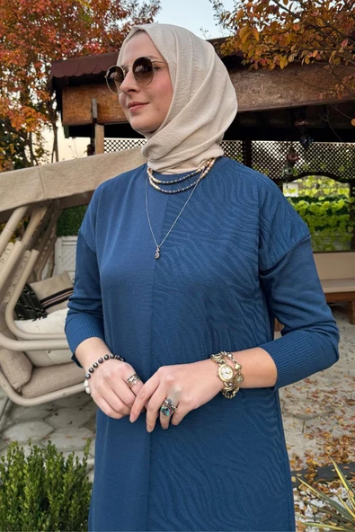 Zebra Desen Triko Elbise İndigo - Resim 3