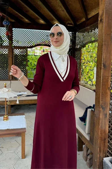 Eylül Gömlekli Triko Elbise Bordo - 6