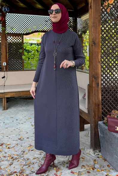 Zebra Desen Triko Elbise Antrasit - 5