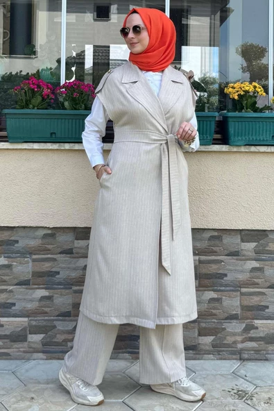 Apoletli Çizgili Takım Bej - 10