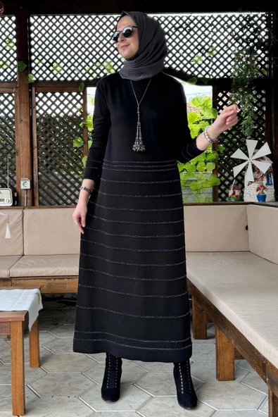 Nisan Simli Triko Elbise Siyah - Resim 5