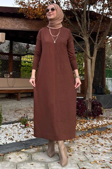 Zebra Desen Triko Elbise Kahve - Resim 8