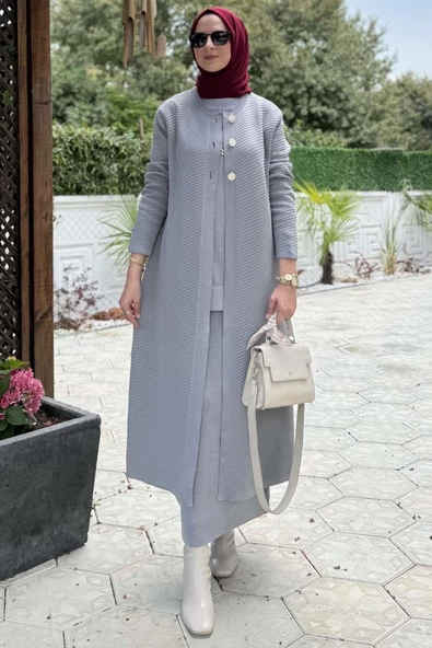 Sinem Çelik Örme Triko Hırka Gri - 2