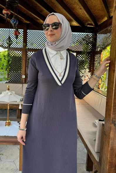 Eylül Gömlekli Triko Elbise Antrasit - Resim 3