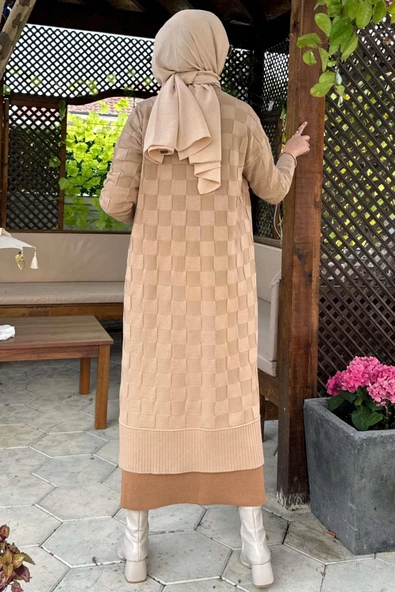 Dama Desenli Bej Triko Hırka - Resim 8