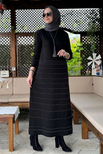 Nisan Simli Triko Elbise Siyah - Resim 8