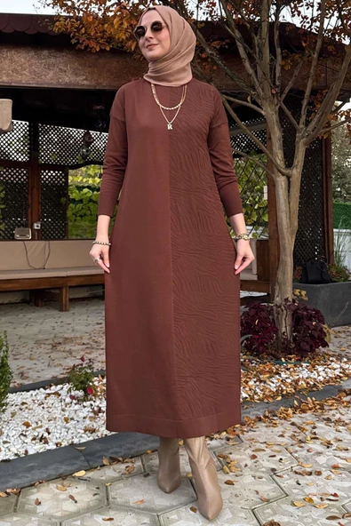 Zebra Desen Triko Elbise Kahve - Resim 2