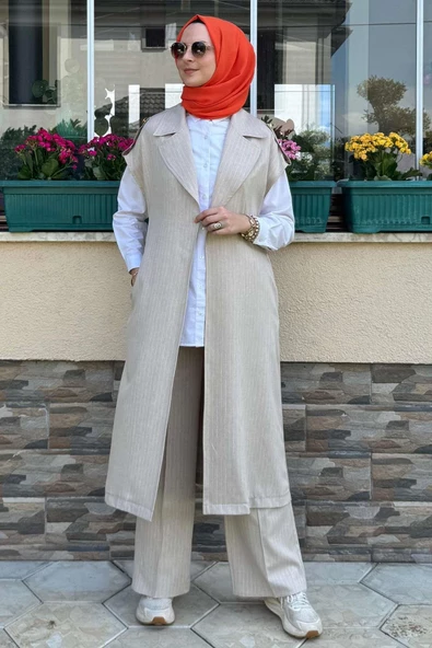 Apoletli Çizgili Takım Bej - 3