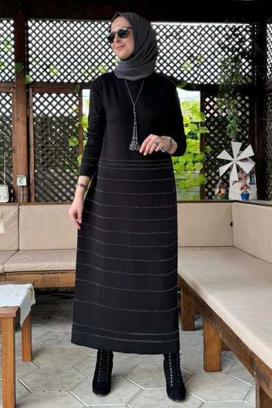 Nisan Simli Triko Elbise Siyah - Resim 3