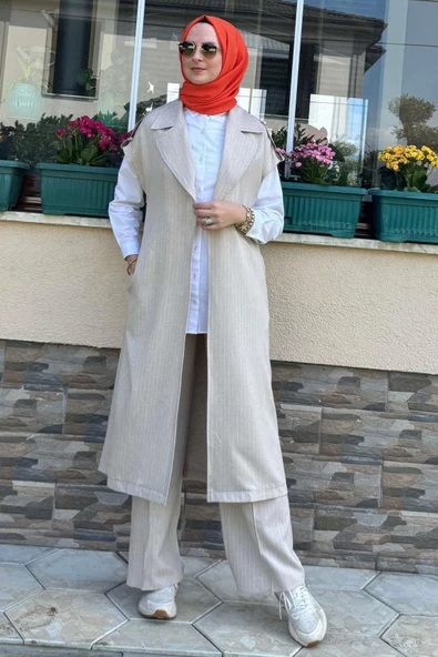 Apoletli Çizgili Takım Bej - 8