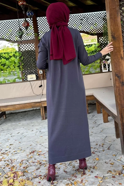 Zebra Desen Triko Elbise Antrasit - 9