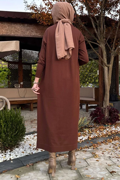 Zebra Desen Triko Elbise Kahve - Resim 10