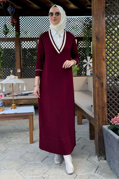 Eylül Gömlekli Triko Elbise Bordo - 3