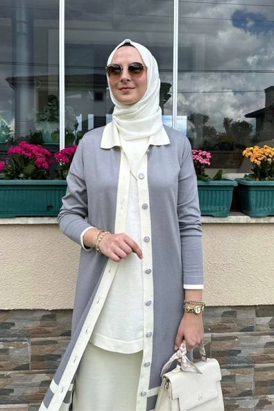 İmge Çizgili Triko Hırka Gri - 6