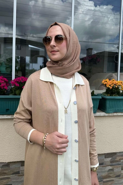 İmge Çizgili Triko Hırka Bej - 2