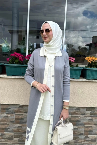 İmge Çizgili Triko Hırka Gri - 5