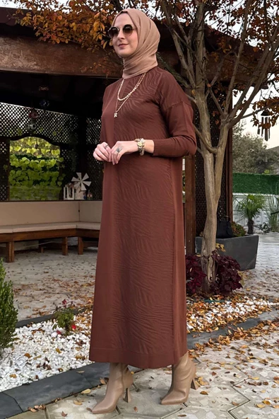 Zebra Desen Triko Elbise Kahve - Resim 7