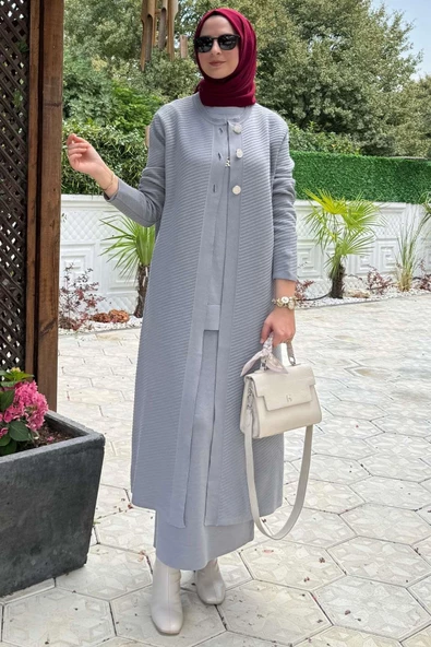 Sinem Çelik Örme Triko Hırka Gri - 6