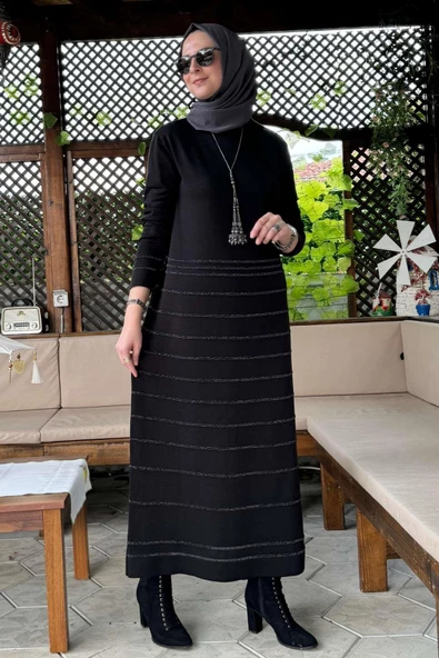 Nisan Simli Triko Elbise Siyah - Resim 7