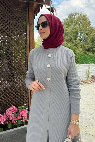 Sinem Çelik Örme Triko Hırka Gri - 5