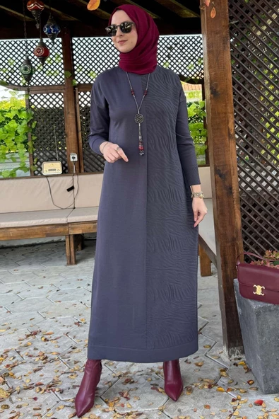 Zebra Desen Triko Elbise Antrasit