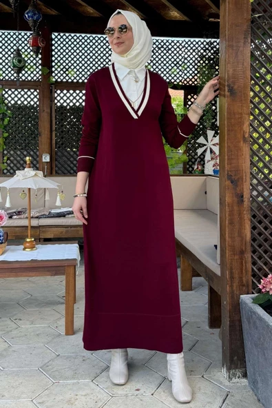 Eylül Gömlekli Triko Elbise Bordo - 4