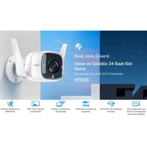 TP-LINK  Tapo C310, 3,0Mpix, Iç ve Dis Mekan, IP66, WiFi, 30Mt. Gece Görüsü, Iki Yönlü Ses Güvenlik Kamerasi - 3